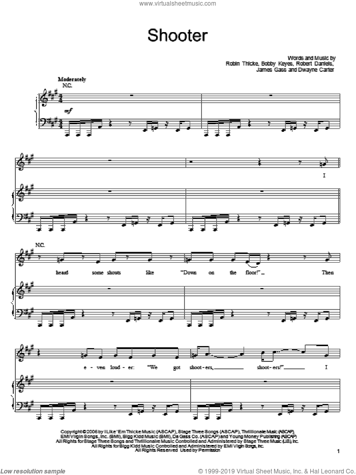 Shooter sheet music for voice, piano or guitar by Robin Thicke, Bobby Keyes, Dwayne Carter, James Gass and Robert Daniels, intermediate skill level