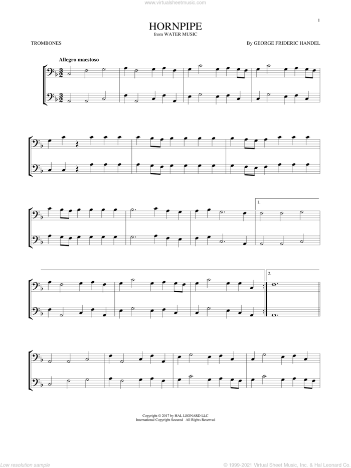 Hornpipe sheet music for two trombones (duet, duets) by George Frideric Handel, classical score, intermediate skill level