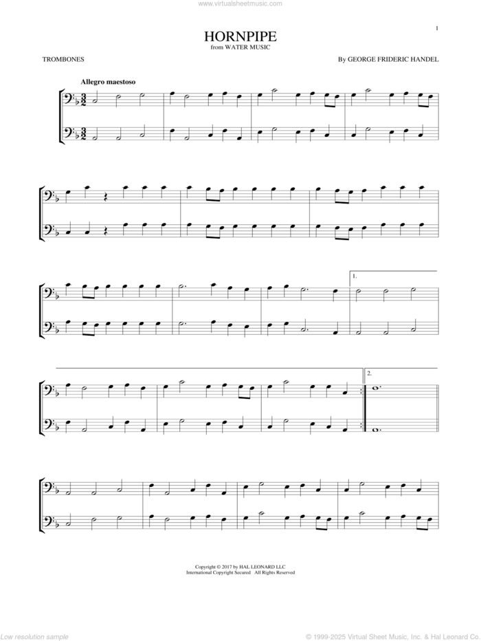 Hornpipe sheet music for two trombones (duet, duets) by George Frideric Handel, classical score, intermediate skill level