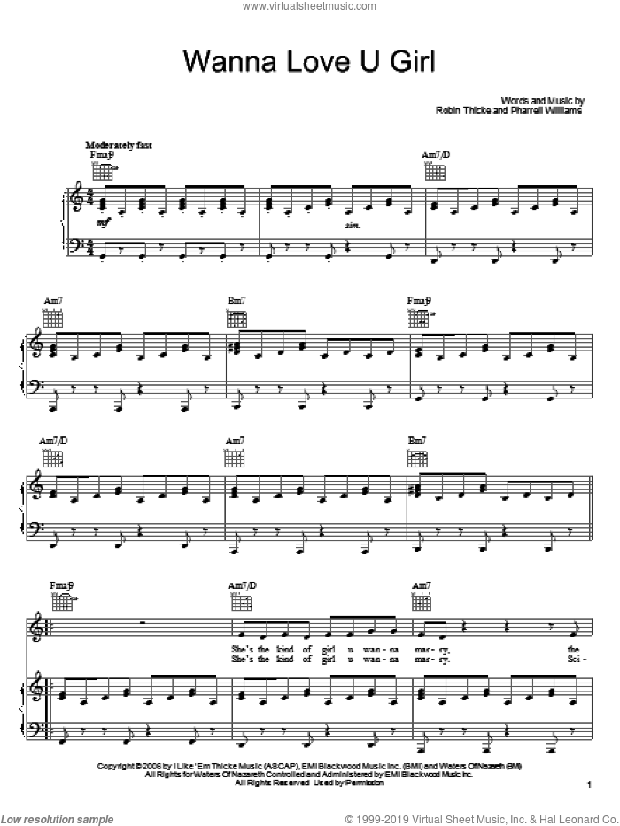 Wanna Love U Girl sheet music for voice, piano or guitar by Robin Thicke and Pharrell Williams, intermediate skill level