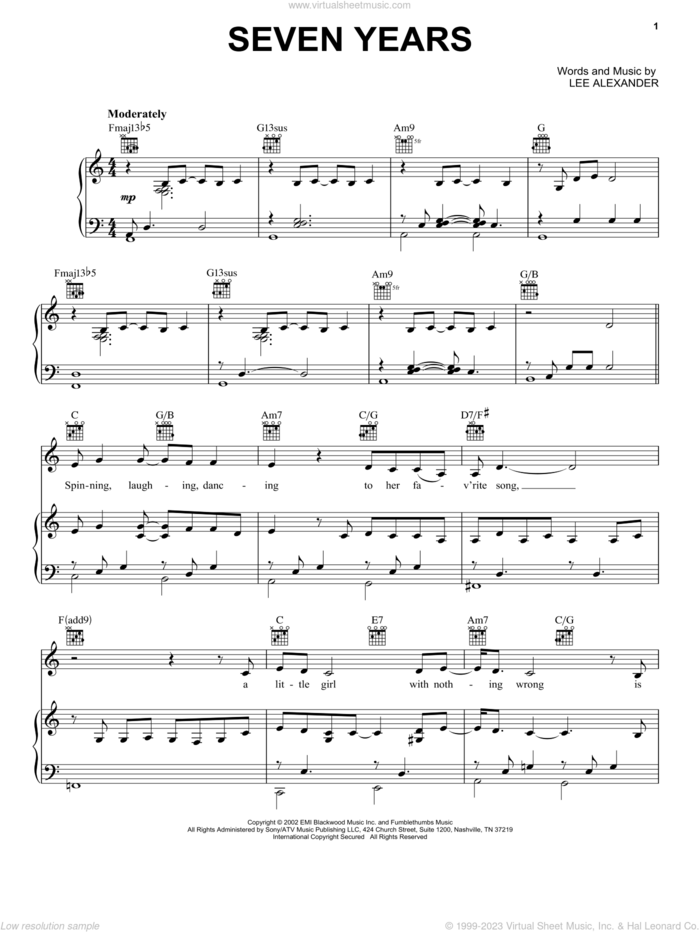 Seven Years sheet music for voice, piano or guitar by Norah Jones and Lee Alexander, intermediate skill level