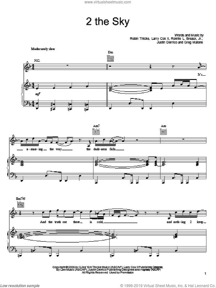 2 The Sky sheet music for voice, piano or guitar by Robin Thicke, Greg Malone, Justin Derrico, Larry Cox II and Ronnie L. Breaux, Jr., intermediate skill level