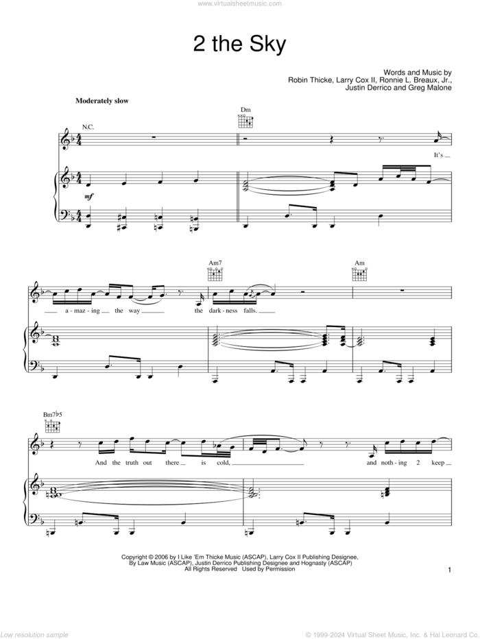 2 The Sky sheet music for voice, piano or guitar by Robin Thicke, Greg Malone, Justin Derrico, Larry Cox II and Ronnie L. Breaux, Jr., intermediate skill level