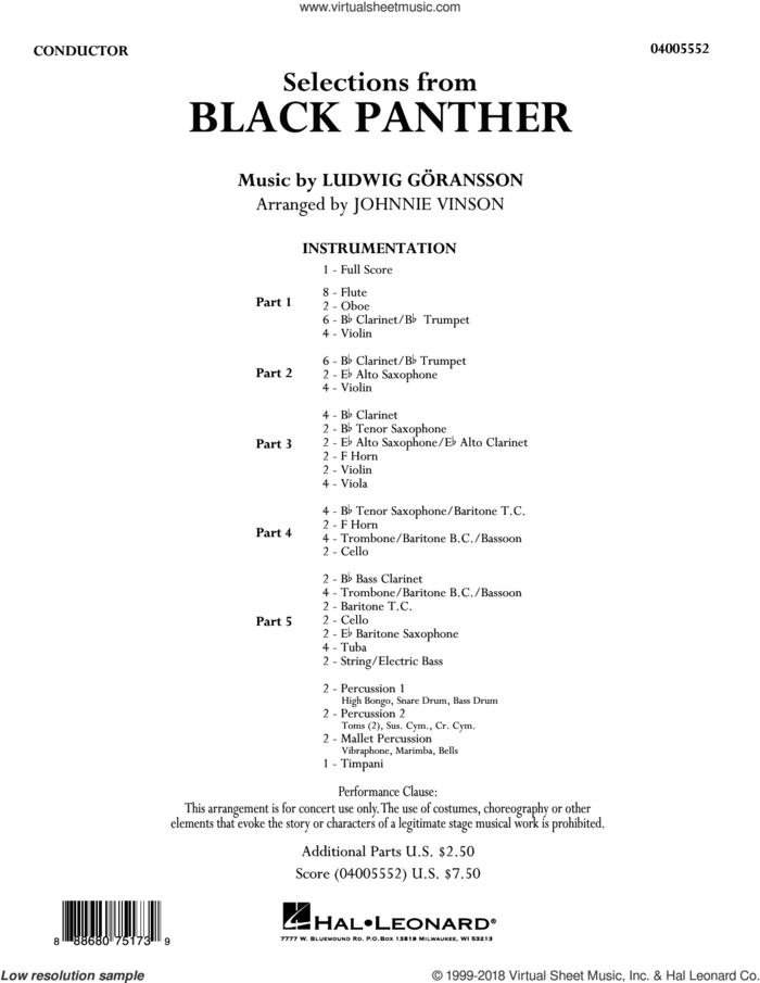Selections from Black Panther (COMPLETE) sheet music for concert band by Johnnie Vinson and Ludwig Goransson and Ludwig Goransson, intermediate skill level
