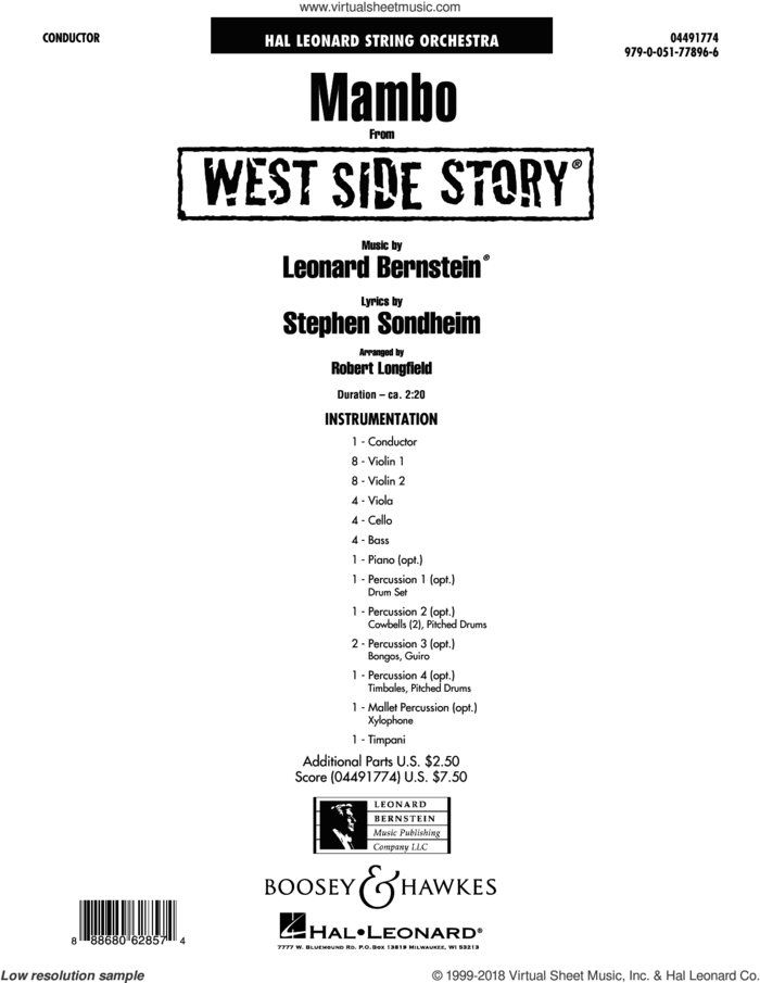 Mambo (from West Side Story) (COMPLETE) sheet music for orchestra by Stephen Sondheim, Leonard Bernstein and Robert Longfield, intermediate skill level
