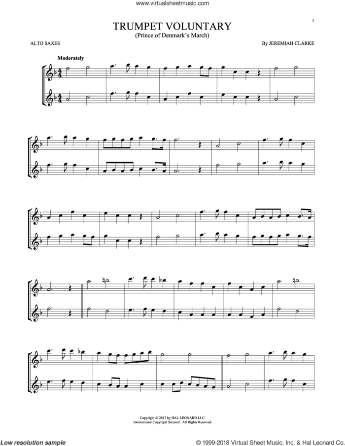 Trumpet Voluntary sheet music for two alto saxophones (duets) by Jeremiah Clarke, classical score, intermediate skill level
