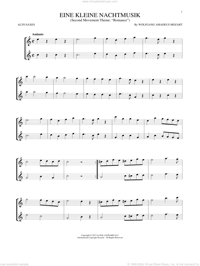 Eine Kleine Nachtmusik sheet music for two alto saxophones (duets) by Wolfgang Amadeus Mozart, classical wedding score, intermediate skill level