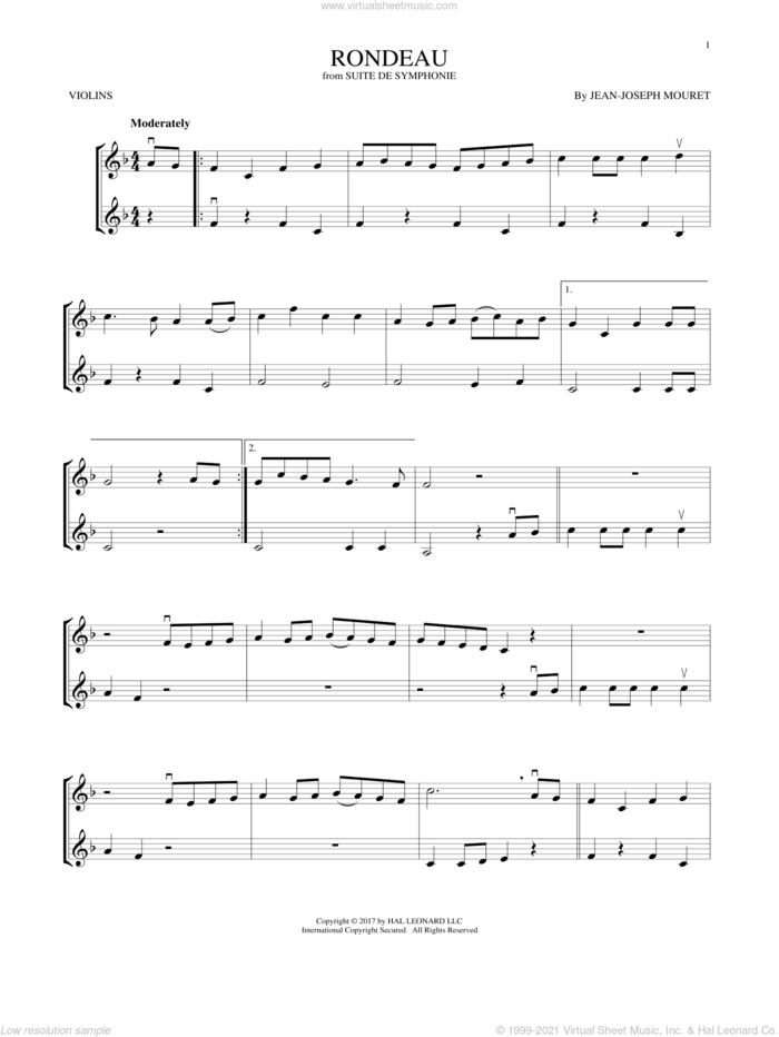 Fanfare Rondeau sheet music for two violins (duets, violin duets) by Jean-Joseph Mouret, classical score, intermediate skill level
