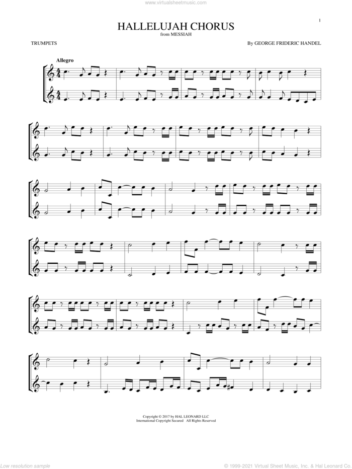 Hallelujah Chorus sheet music for two trumpets (duet, duets) by George Frideric Handel, classical score, intermediate skill level