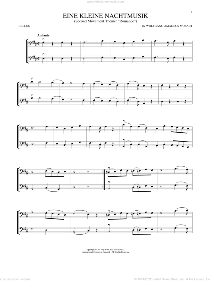 Eine Kleine Nachtmusik sheet music for two cellos (duet, duets) by Wolfgang Amadeus Mozart, classical wedding score, intermediate skill level