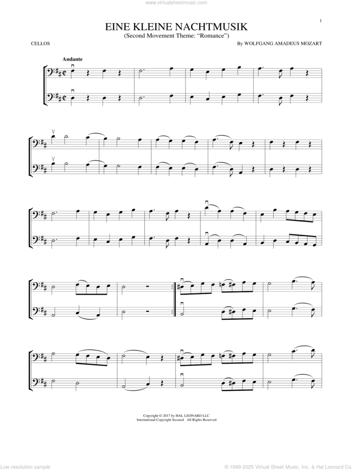 Eine Kleine Nachtmusik sheet music for two cellos (duet, duets) by Wolfgang Amadeus Mozart, classical wedding score, intermediate skill level