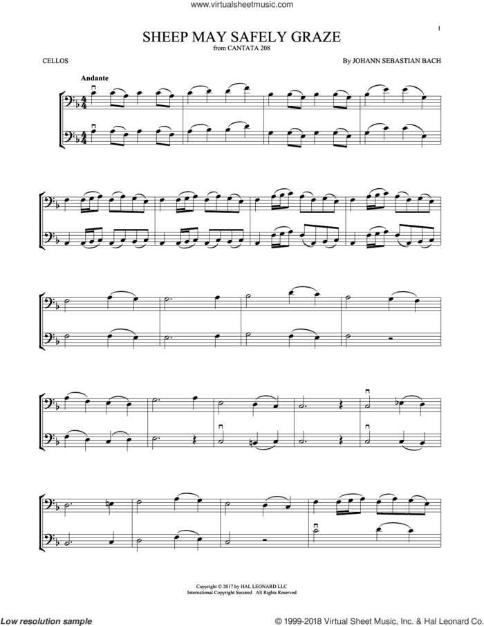 Sheep May Safely Graze sheet music for two cellos (duet, duets) by Johann Sebastian Bach, classical score, intermediate skill level