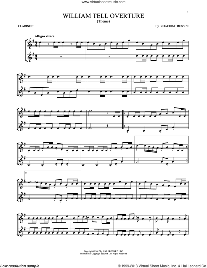 William Tell Overture sheet music for two clarinets (duets) by Rossini, Gioacchino, classical score, intermediate skill level