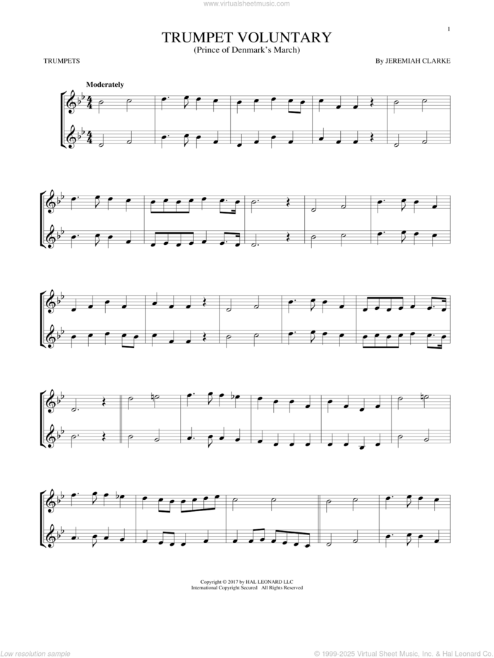 Trumpet Voluntary sheet music for two trumpets (duet, duets) by Jeremiah Clarke, classical score, intermediate skill level