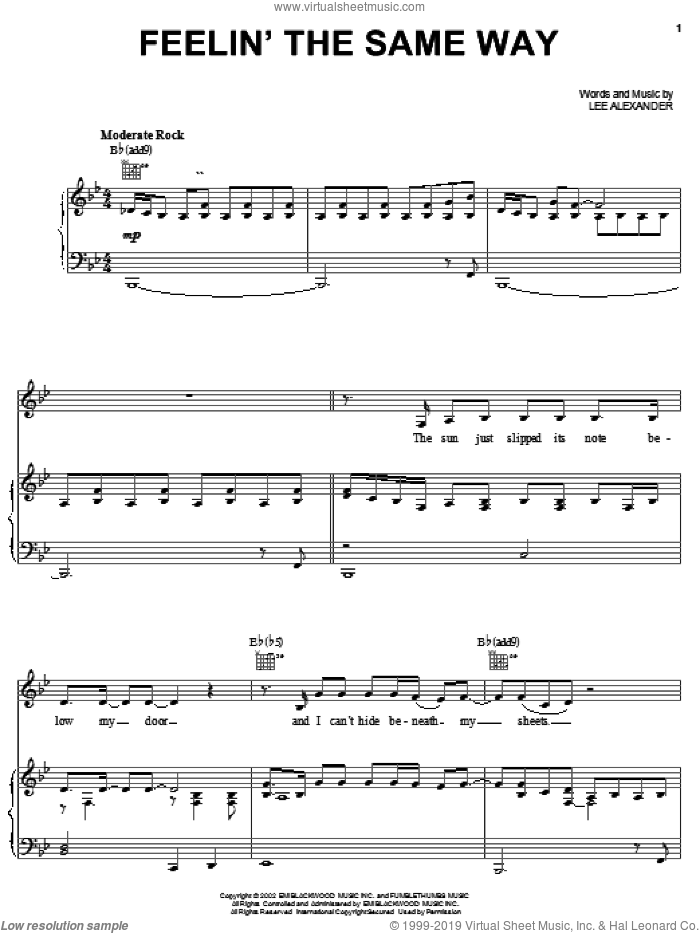 Feelin' The Same Way sheet music for voice, piano or guitar by Norah Jones and Lee Alexander, intermediate skill level