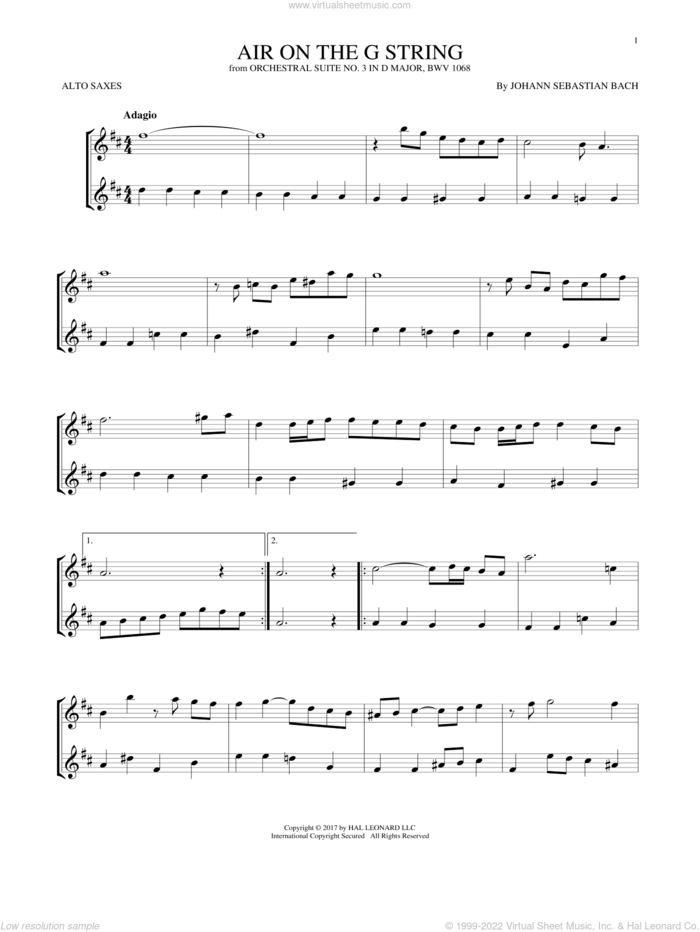 Air (Air On The G String) sheet music for two alto saxophones (duets) by Johann Sebastian Bach, classical wedding score, intermediate skill level