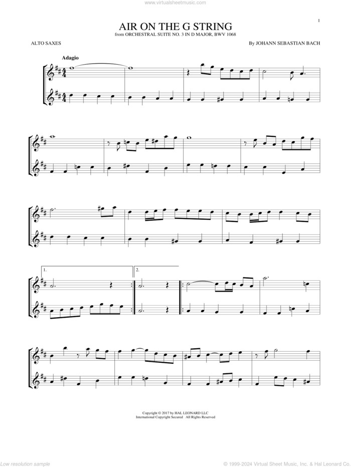 Air (Air On The G String) sheet music for two alto saxophones (duets) by Johann Sebastian Bach, classical wedding score, intermediate skill level