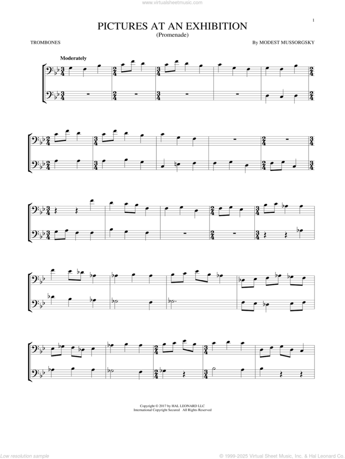 Pictures At An Exhibition (Theme) sheet music for two trombones (duet, duets) by Modest Petrovic Mussorgsky, classical score, intermediate skill level