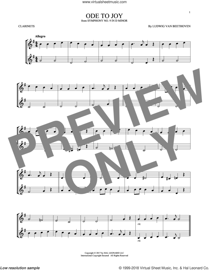 Ode To Joy sheet music for two clarinets (duets) by Ludwig van Beethoven, classical score, intermediate skill level