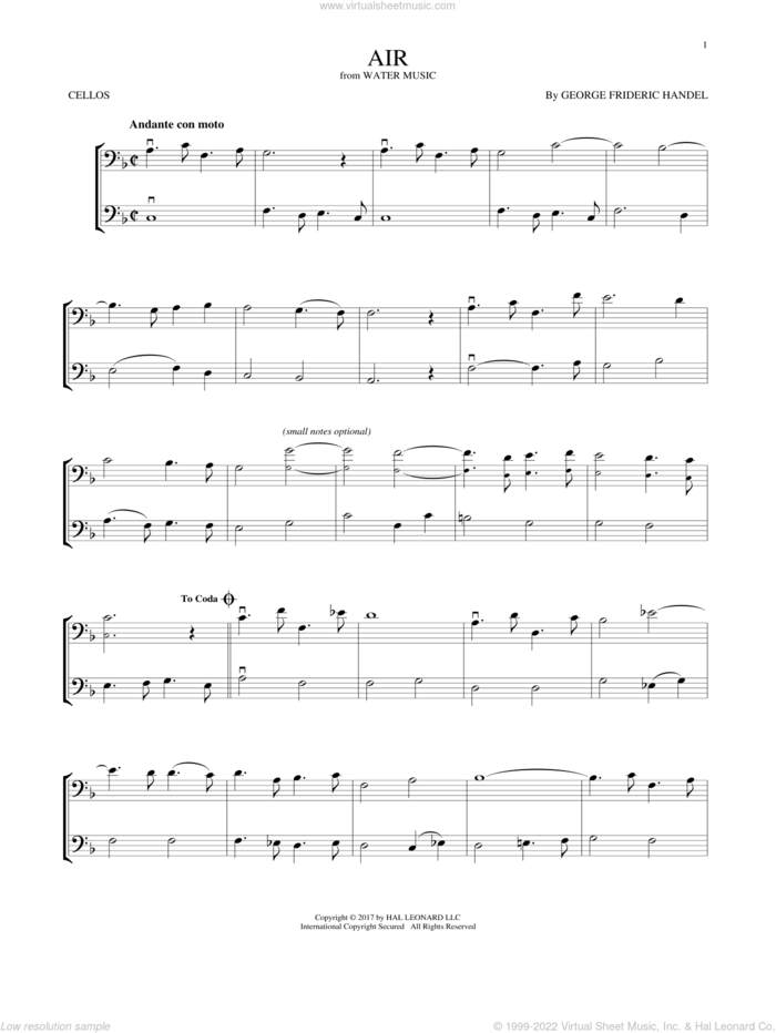 Air sheet music for two cellos (duet, duets) by George Frideric Handel, classical wedding score, intermediate skill level