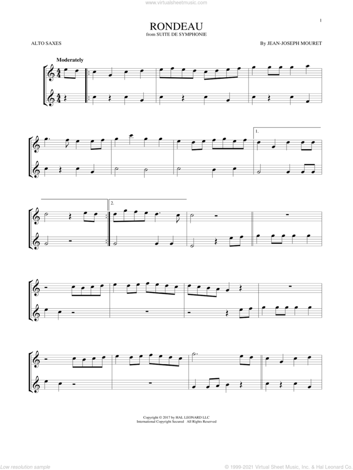 Fanfare Rondeau sheet music for two alto saxophones (duets) by Jean-Joseph Mouret, classical score, intermediate skill level