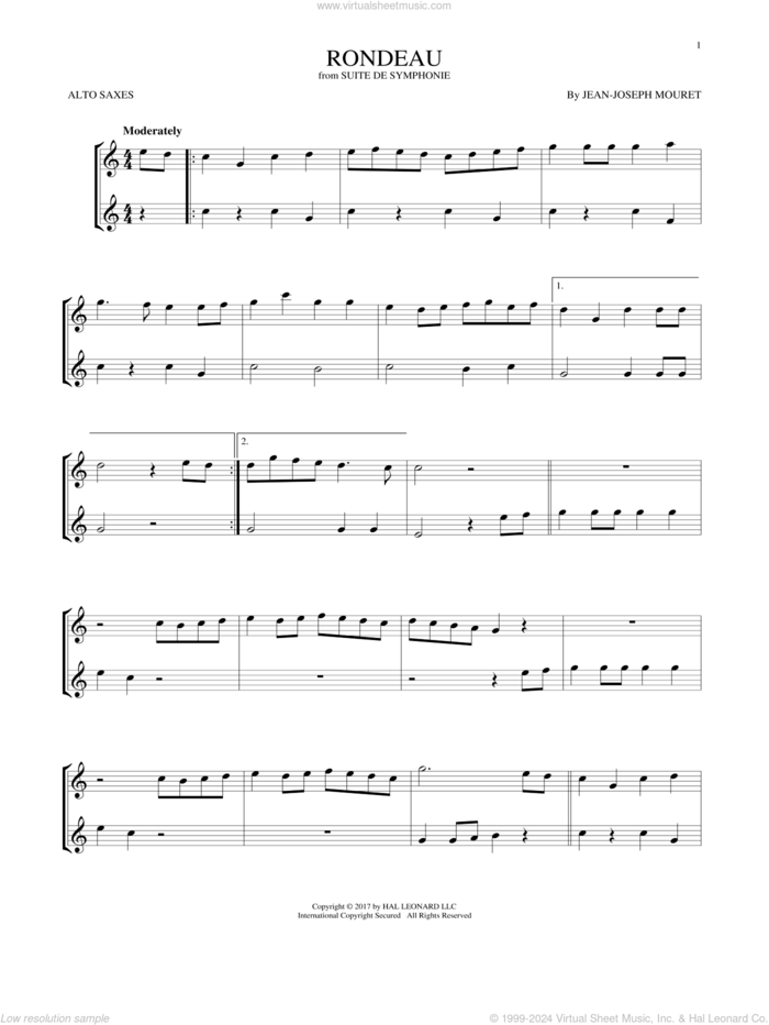 Fanfare Rondeau sheet music for two alto saxophones (duets) by Jean-Joseph Mouret, classical score, intermediate skill level