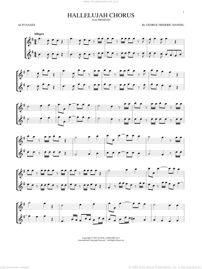 Hallelujah Chorus sheet music for two alto saxophones (duets) by George Frideric Handel, classical score, intermediate skill level