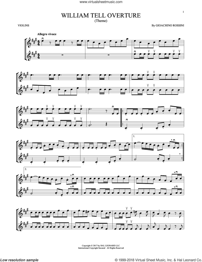 William Tell Overture sheet music for two violins (duets, violin duets) by Rossini, Gioacchino, classical score, intermediate skill level