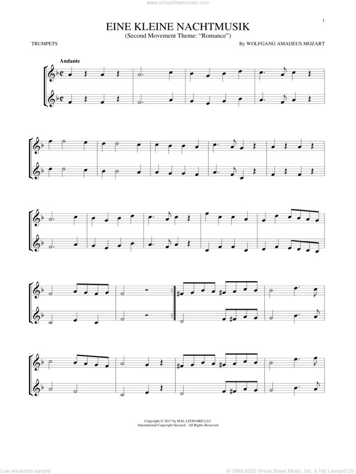 Eine Kleine Nachtmusik sheet music for two trumpets (duet, duets) by Wolfgang Amadeus Mozart, classical wedding score, intermediate skill level