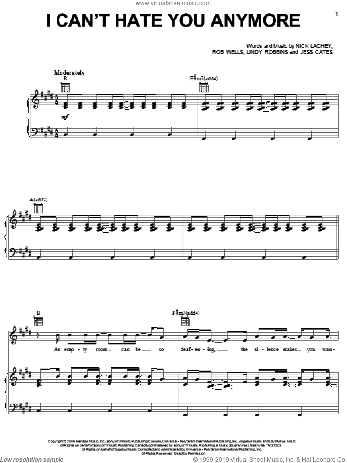 I Can't Hate You Anymore sheet music for voice, piano or guitar by Nick Lachey, Jess Cates, Lindy Robbins and Robert Wells, intermediate skill level