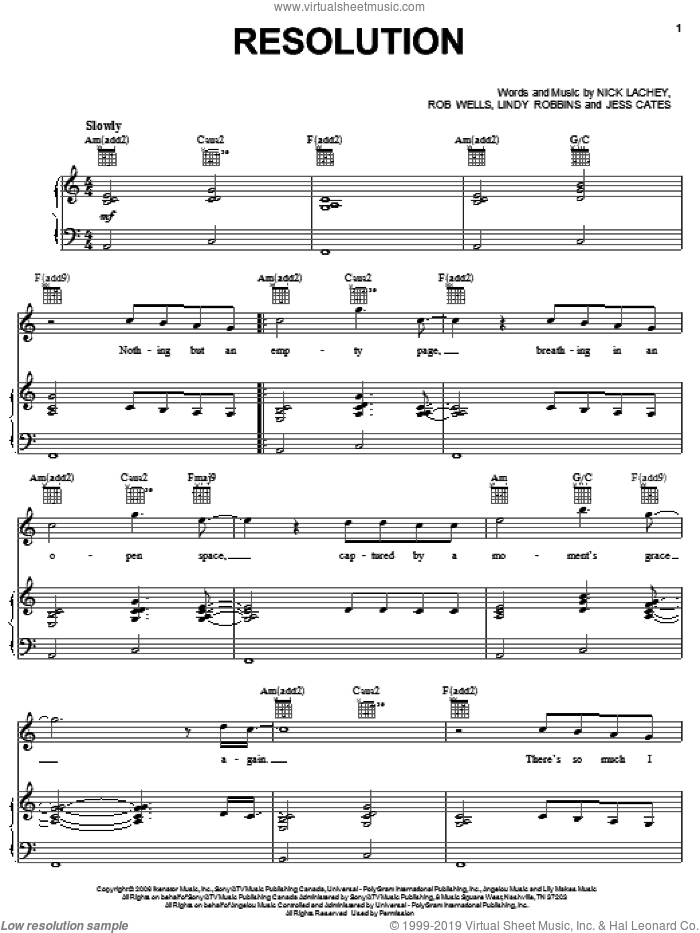 Resolution sheet music for voice, piano or guitar by Nick Lachey, Jess Cates, Lindy Robbins and Robert Wells, intermediate skill level