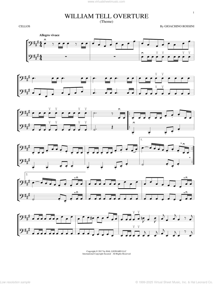 William Tell Overture sheet music for two cellos (duet, duets) by Rossini, Gioacchino, classical score, intermediate skill level