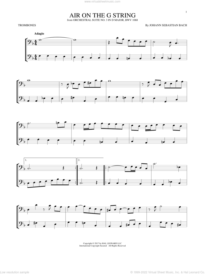 Air (Air On The G String) sheet music for two trombones (duet, duets) by Johann Sebastian Bach, classical wedding score, intermediate skill level