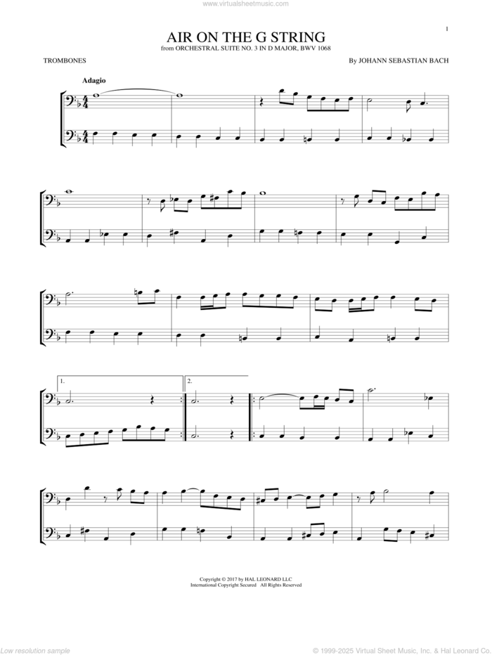 Air (Air On The G String) sheet music for two trombones (duet, duets) by Johann Sebastian Bach, classical wedding score, intermediate skill level