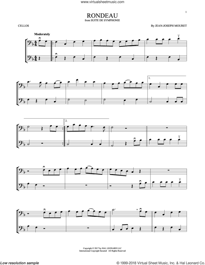 Fanfare Rondeau sheet music for two cellos (duet, duets) by Jean-Joseph Mouret, classical score, intermediate skill level