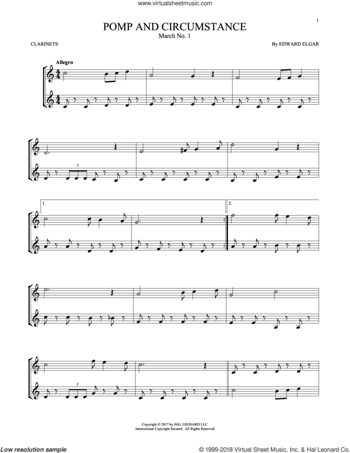 Pomp And Circumstance, March No. 1 sheet music for two clarinets (duets) by Edward Elgar, classical score, intermediate skill level