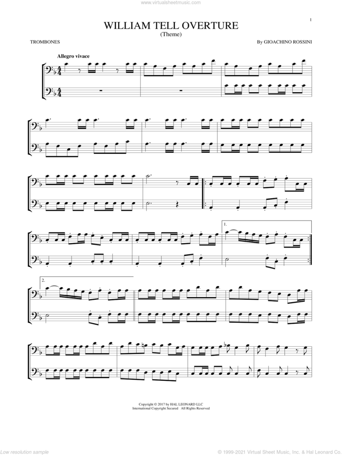 William Tell Overture sheet music for two trombones (duet, duets) by Rossini, Gioacchino, classical score, intermediate skill level