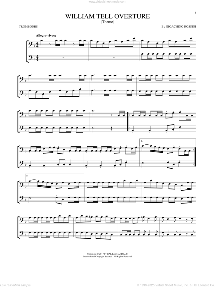 William Tell Overture sheet music for two trombones (duet, duets) by Rossini, Gioacchino, classical score, intermediate skill level