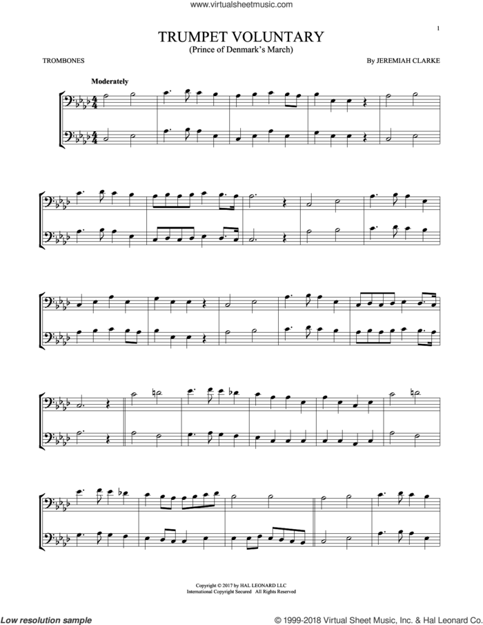 Trumpet Voluntary sheet music for two trombones (duet, duets) by Jeremiah Clarke, classical score, intermediate skill level