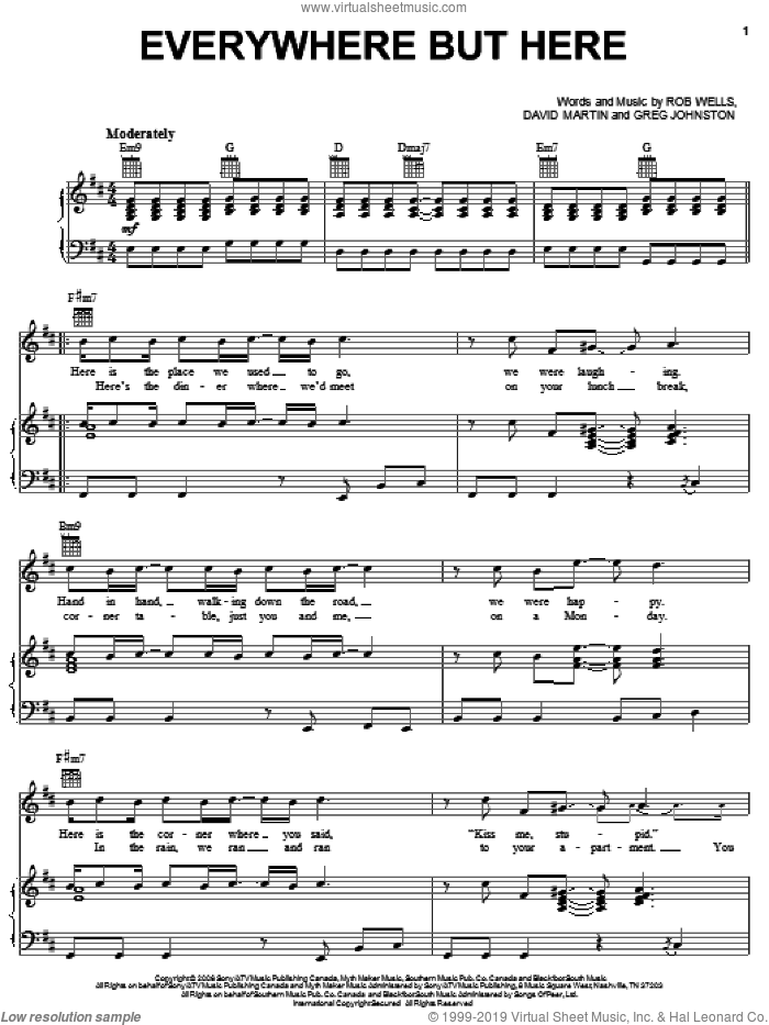 Everywhere But Here sheet music for voice, piano or guitar by Nick Lachey, David Martin, Greg Johnston and Robert Wells, intermediate skill level