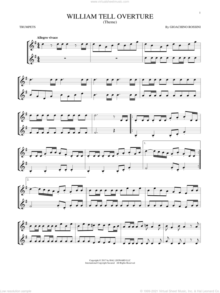 William Tell Overture sheet music for two trumpets (duet, duets) by Rossini, Gioacchino, classical score, intermediate skill level