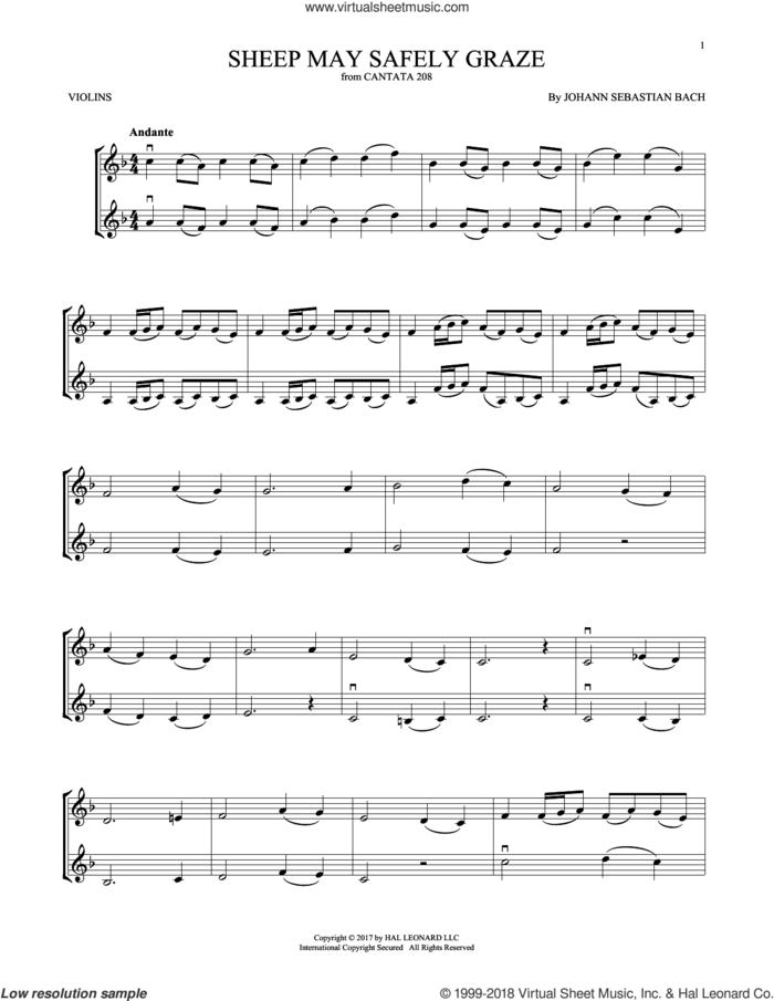 Sheep May Safely Graze sheet music for two violins (duets, violin duets) by Johann Sebastian Bach, classical score, intermediate skill level