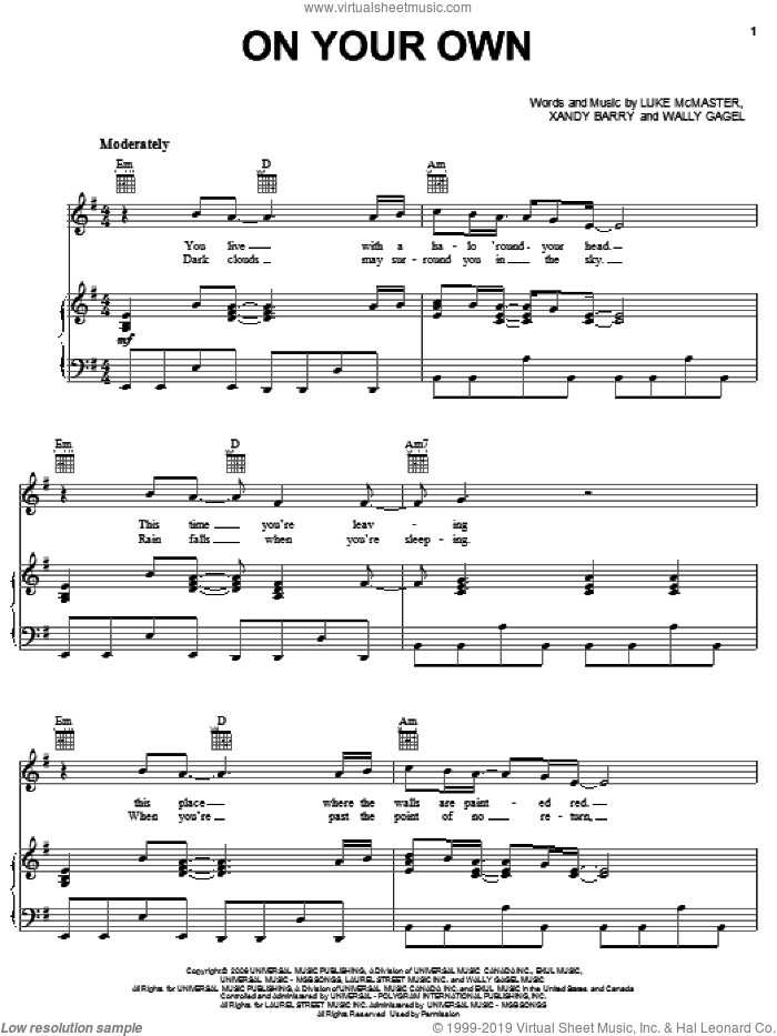 On Your Own sheet music for voice, piano or guitar by Nick Lachey, Luke McMaster, Wally Gagel and Xandy Barry, intermediate skill level