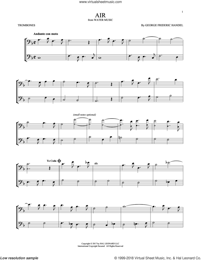 Air sheet music for two trombones (duet, duets) by George Frideric Handel, classical wedding score, intermediate skill level