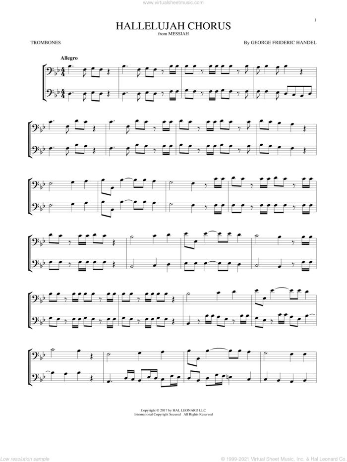 Hallelujah Chorus sheet music for two trombones (duet, duets) by George Frideric Handel, classical score, intermediate skill level