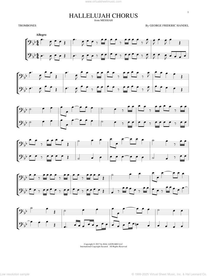 Hallelujah Chorus sheet music for two trombones (duet, duets) by George Frideric Handel, classical score, intermediate skill level