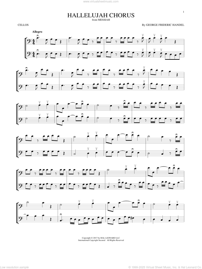 Hallelujah Chorus sheet music for two cellos (duet, duets) by George Frideric Handel, classical score, intermediate skill level