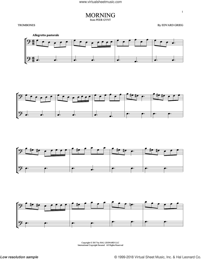 Morning sheet music for two trombones (duet, duets) by Edvard Grieg, classical score, intermediate skill level