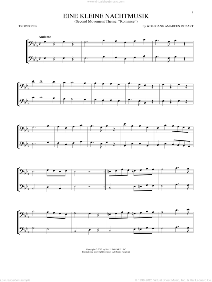 Eine Kleine Nachtmusik sheet music for two trombones (duet, duets) by Wolfgang Amadeus Mozart, classical wedding score, intermediate skill level