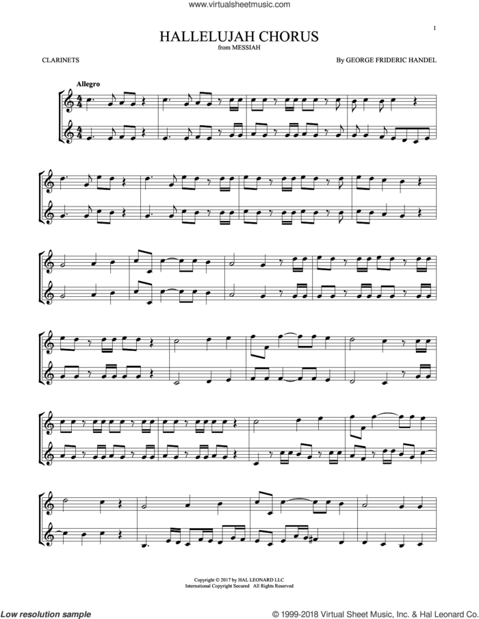 Hallelujah Chorus sheet music for two clarinets (duets) by George Frideric Handel, classical score, intermediate skill level